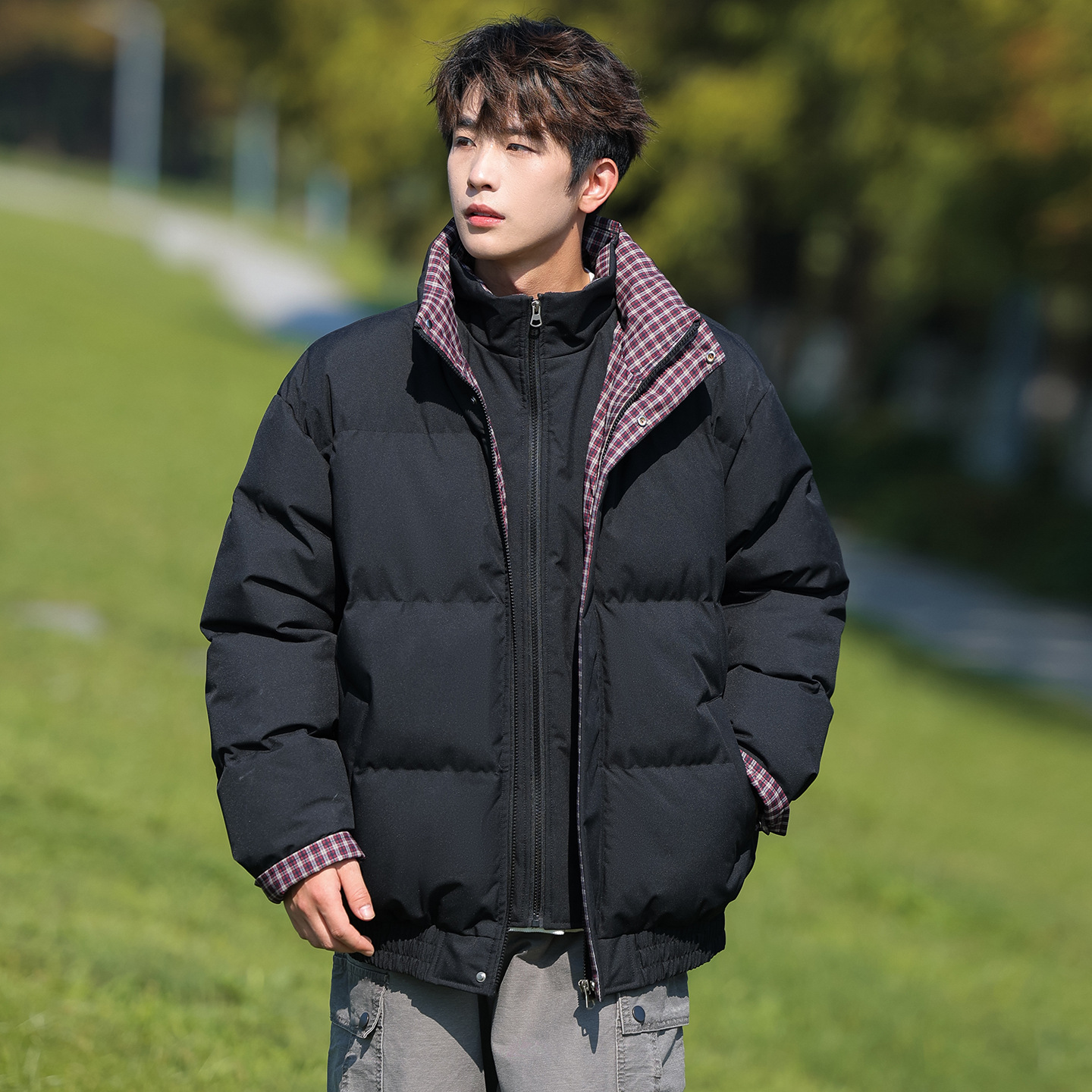 Trajes de algodón de pluma transfronterizos para hombres y mujeres 2025 nuevo invierno engrosado cuadrado falso de dos piezas de chaqueta de algodón chaqueta image 7
