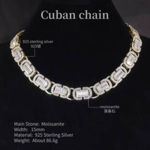 Unique Cuban Chain Full of Diamonds, S925 Silver Inlaid with Moissanite Necklace, 15mm Cross-Border Hip-Hop Chain, New Pure Silver