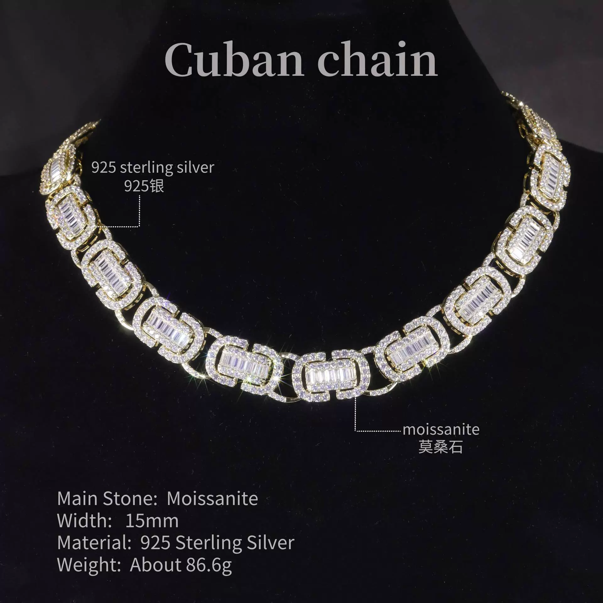 小众个性古巴链满钻s925银镶莫桑石项链15mm跨境嘻哈链新款纯银