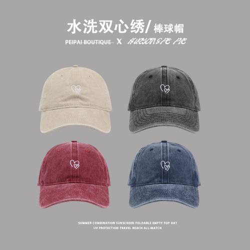 Baseball cap for women with heart embroidery, soft top, versatile duckbill cap, couple outdoor sun protection UV shield retro sun hat