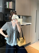 韩系假两件格子v领短袖衬衫女夏季木耳边系带小衫设计感衬衣上衣