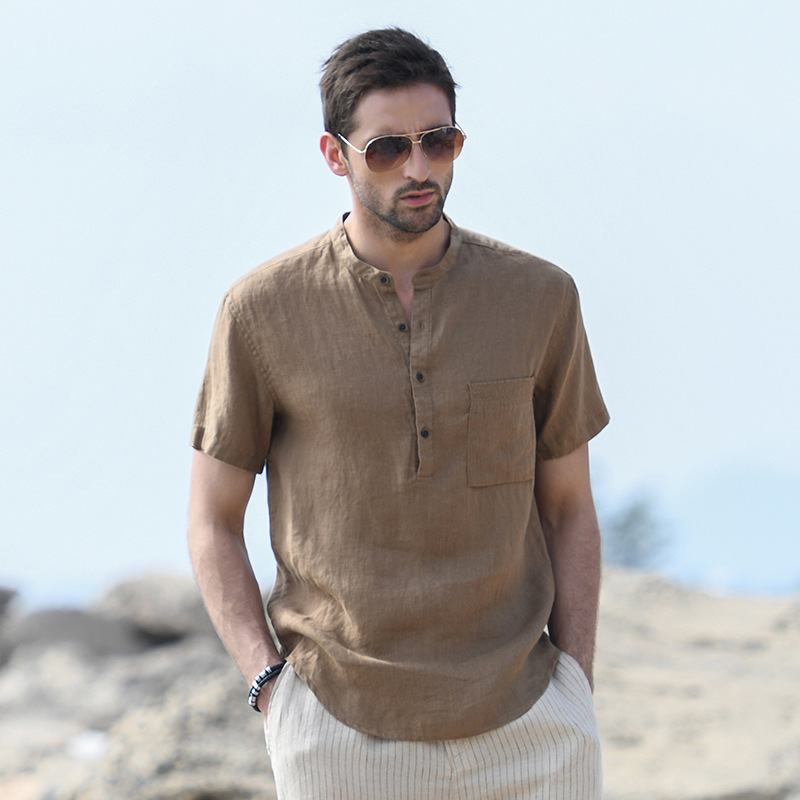 Henry Collar Short-Sleeved T-Shirt Men's Cool Ice Silk Summer Quick-Drying Half-Sleeved Linen Shirt Summer Foreign Trade Cross-Border Wholesale Henry Collar Short-Sleeved T-Shirt Men's Cool Ice Silk Summer Quick-Drying Half-Sleeved Linen Shirt Summer Foreign Trade Cross-Border Wholesale