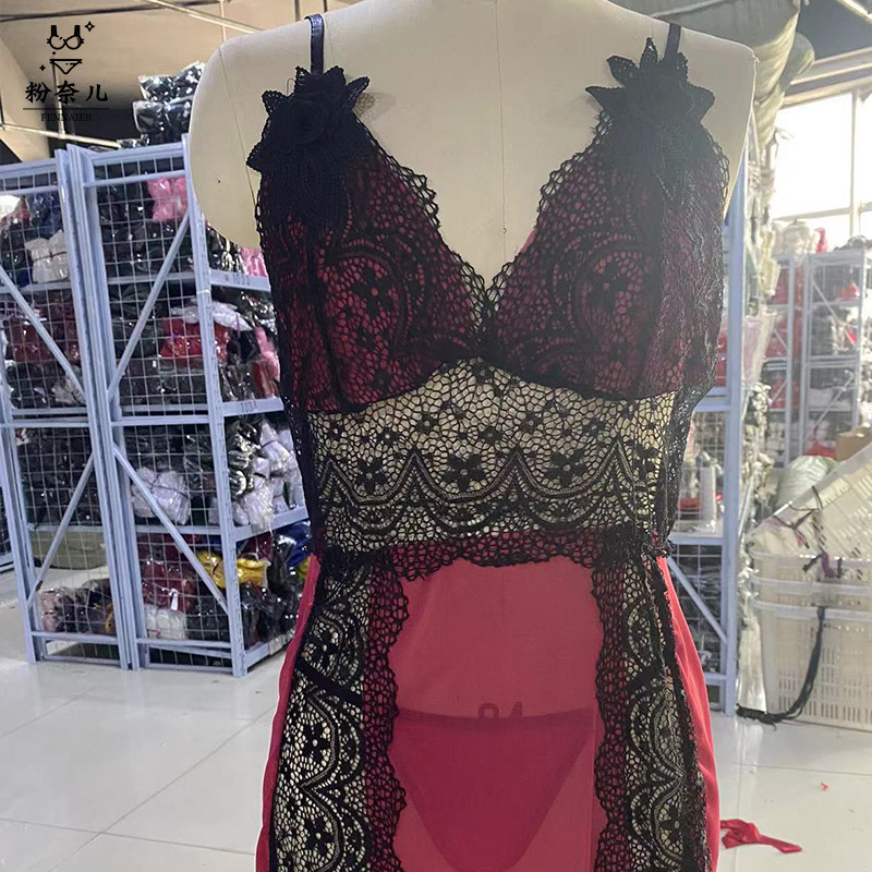 2023 nuevo más tamaño sexy vestido contraste color sexy pijamas sexy encaje Correa dormir vestido