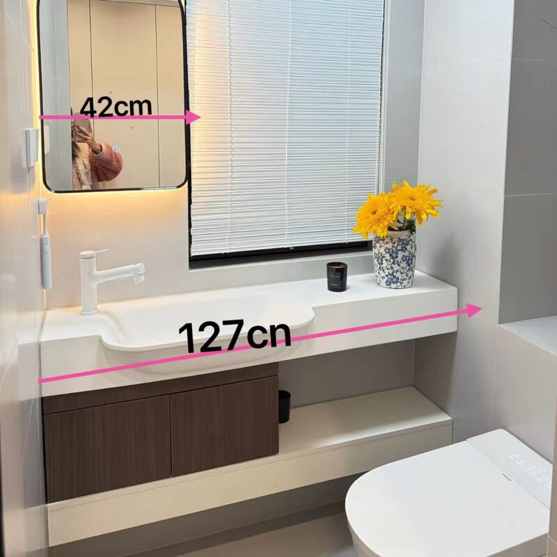 Small-Sized Narrow Bathroom Cabinet with Corian Skin-Touch Surface Integrated Basin, Custom-Made Washbasin Set
