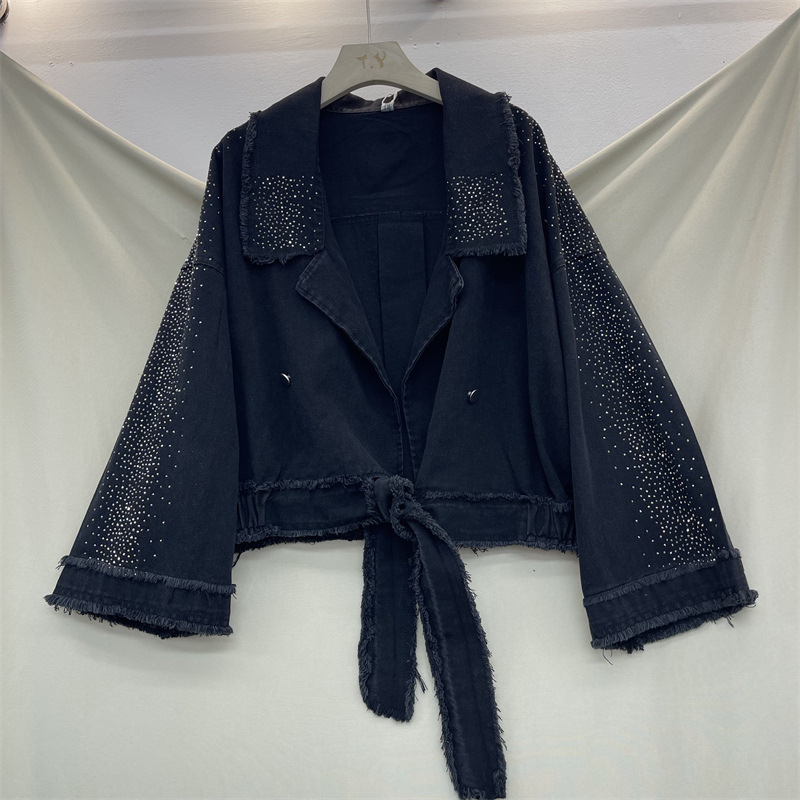 European and American foreign trade heavy-duty rhinestone suit collar denim jacket for women, spring and autumn, loose fit, plus size, with straps and frayed edges