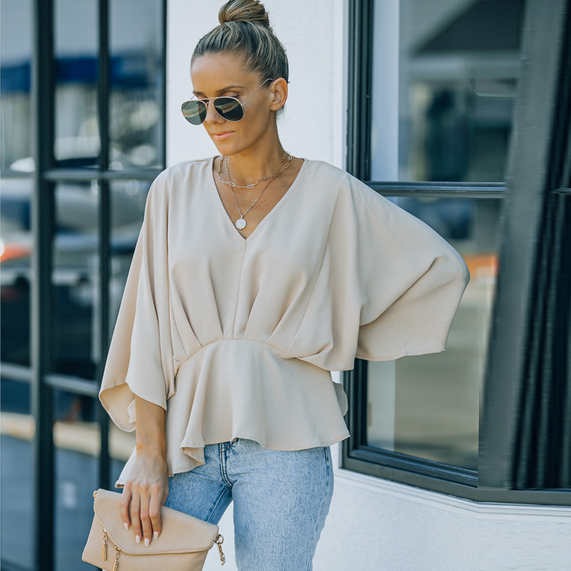 2022 الأوروبية والأمريكية الخفافيش كم بلون أعلى للنساء أمازون جديد الخصر ضيق التخسيس 34 كم البلوز قميص شيفون Womenpicture5