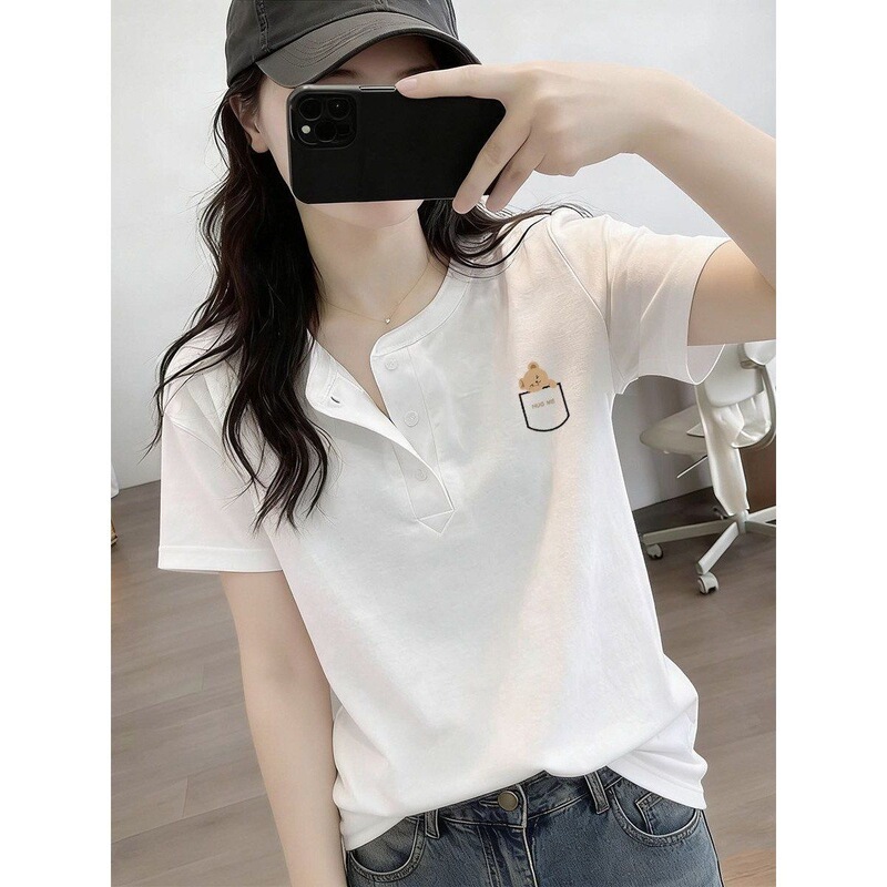 Pure Cotton White Short-Sleeved Bottoming Shirt for Women, New Summer Style Button-Down High-End T-Shirt, Loose and Slimming Top, Trendy Pure Cotton White Short-Sleeved Bottoming Shirt for Women, New Summer Style Button-Down High-End T-Shirt, Loose and Slimming Top, Trendy