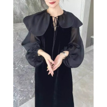 拼接欧根纱不规则花瓣领宽松连衣裙女2024秋季新款韩版显瘦裙子女