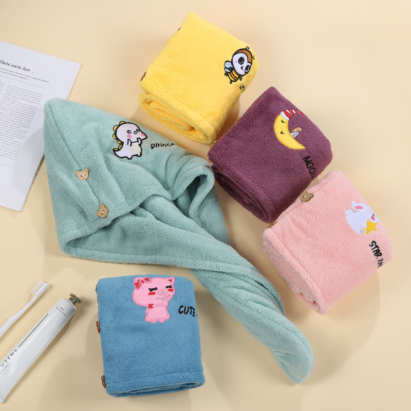 Wholesale coral velvet women's dry hair hat, thick bath cap, soft and water-absorbent dry hair towel, home fashion embroidery headscarf