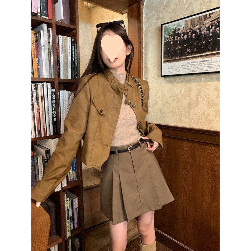 美拉德咖色复古皮衣春秋小个子美式夹克上衣外套百褶短裙两件套女|undefined