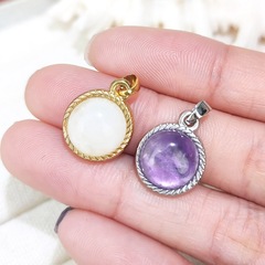 新品天然水晶紫水晶圆形不锈钢锁骨链吊坠日常百搭白水晶挂坠跨境