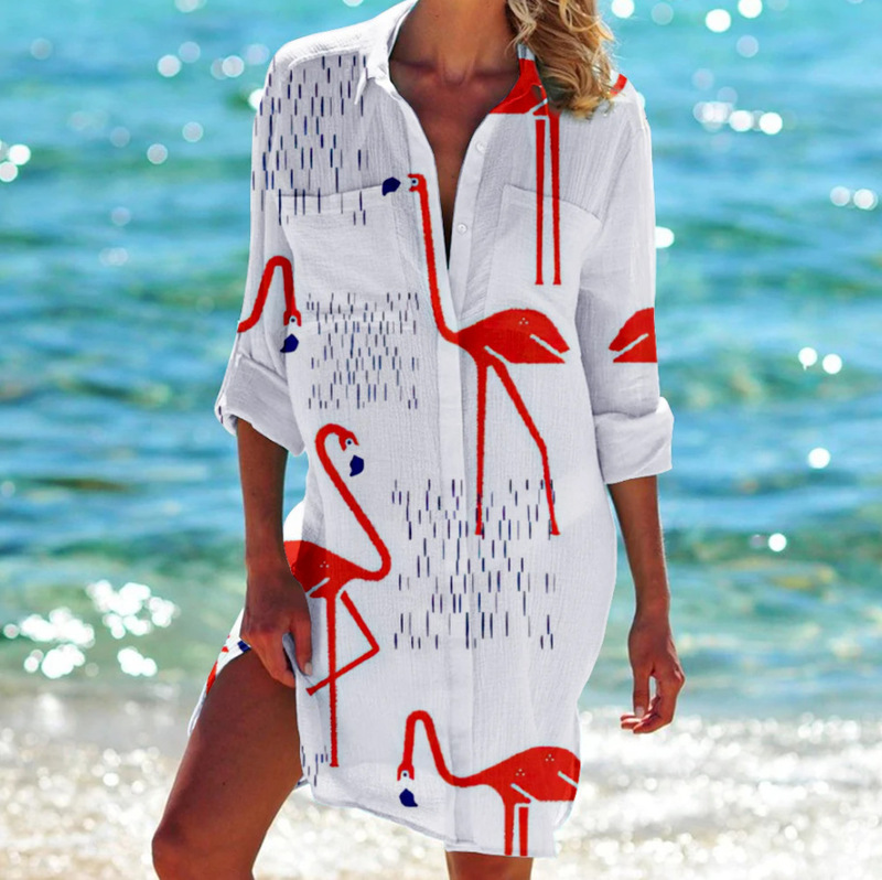 Cross-border summer casual Flamingo 3D women's printed vacation beach shirt bikini jacket shirt cardigan
