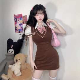 2026年夏季欲学院风JK连衣裙美式包臀裙辣妹女学生假两件裙子女