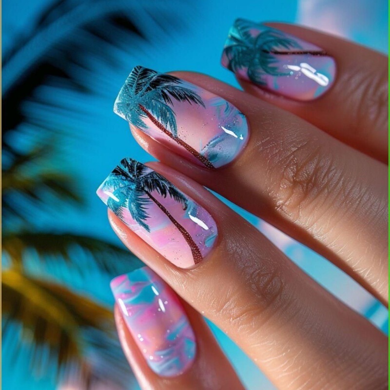 Beautiful Holiday Style Nail Nail Wearable Nail Pink Blue Gradient Palm Tree Nail European Square Fake Nail TB-31