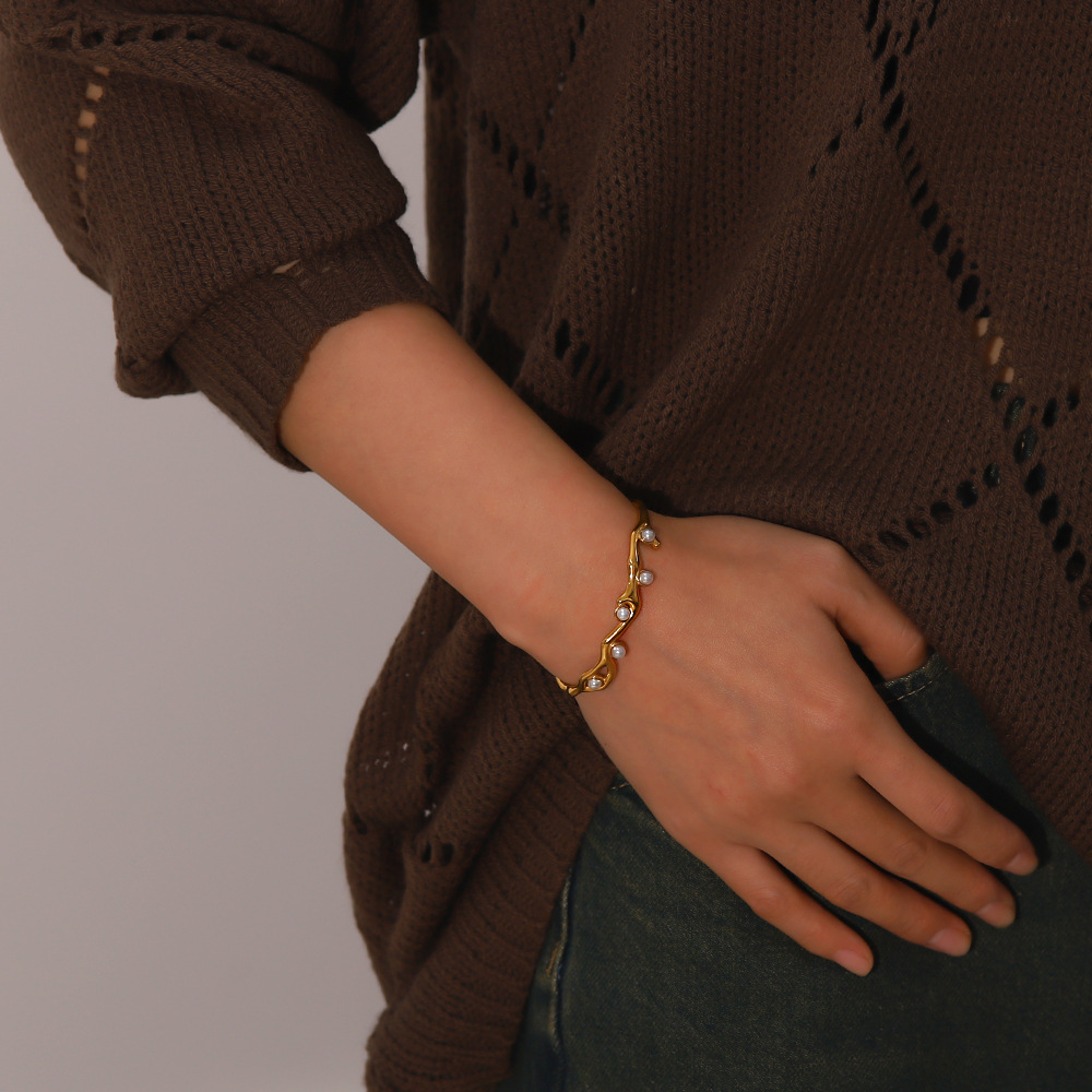 Retro Geometric Stainless Steel Plating Natural Stone Bangle 1 Piece