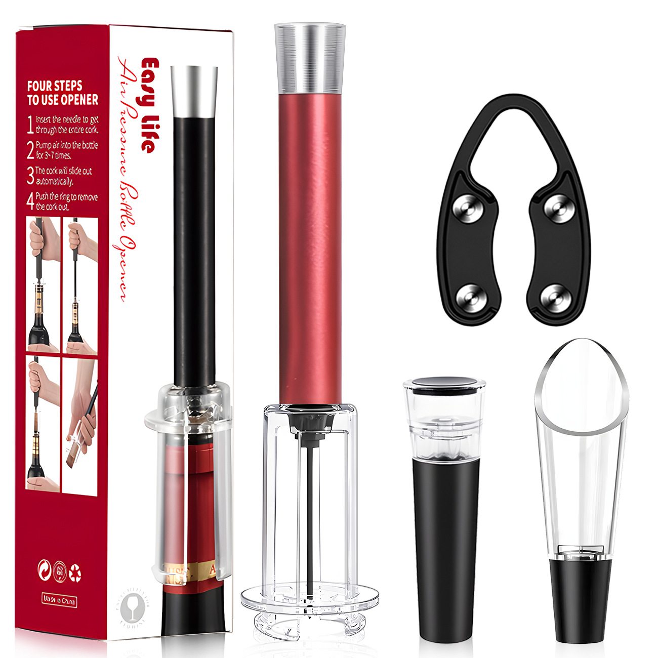 색상 상자에 플라스틱 막대 알루미늄 헤드 빨간색 4피스 공기압 병따개 세트