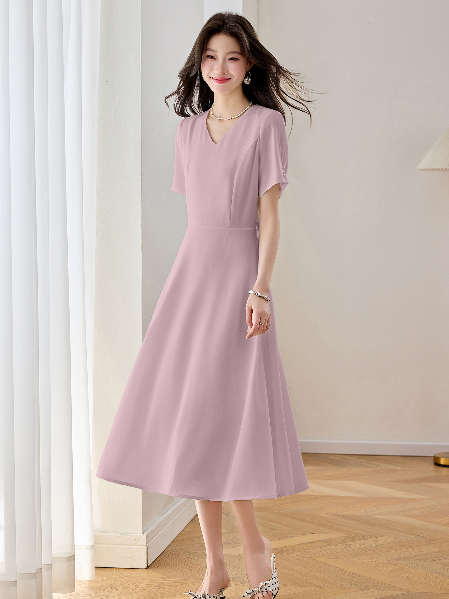 Đầm maxi nữ thắt eo cổ V dáng dài phối màu trơn — màu xanh đậm, màu tím, màu trắng