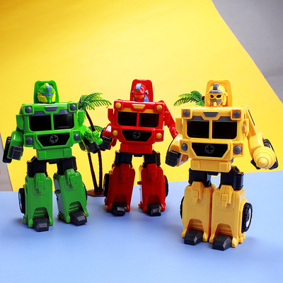 男孩生日蛋糕裝飾 塑料拆裝變形車變形玩具消防/環衛/工程挖掘機