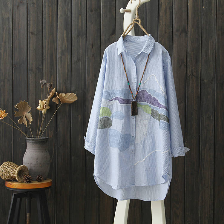 Spring and Autumn New embroidered mid-length long-sleeved cotton and linen shirt Women's thin striped artistic plus size loose shirt top women