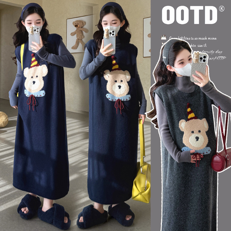 Maternity Wear 2025 Autumn and Winter New Korean Style Fashion Embroidered Cartoon Bear Sweater 2-Piece Set Maternity Dress Maternity Wear 2025 Autumn and Winter New Korean Style Fashion Embroidered Cartoon Bear Sweater 2-Piece Set Maternity Dress