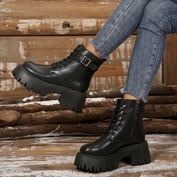Big yards thick bottom casual short boots female new increased height England biker short boots boots_voghion.com