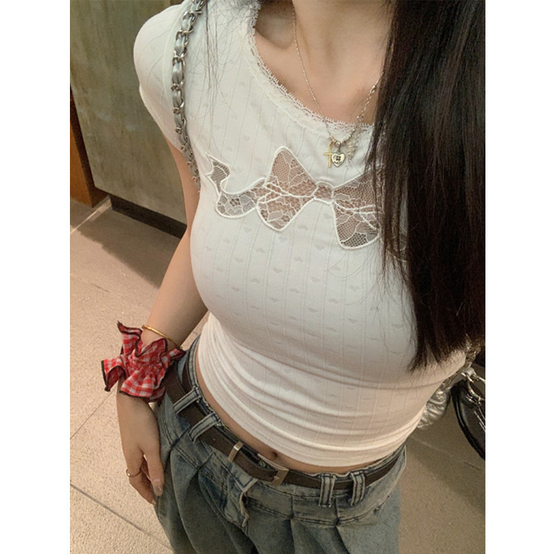 2024 Summer New Short-sleeved T-shirt Female Students Home Out Pure Desire Hollow Lace Embroidered Short-sleeved T-shirt Top