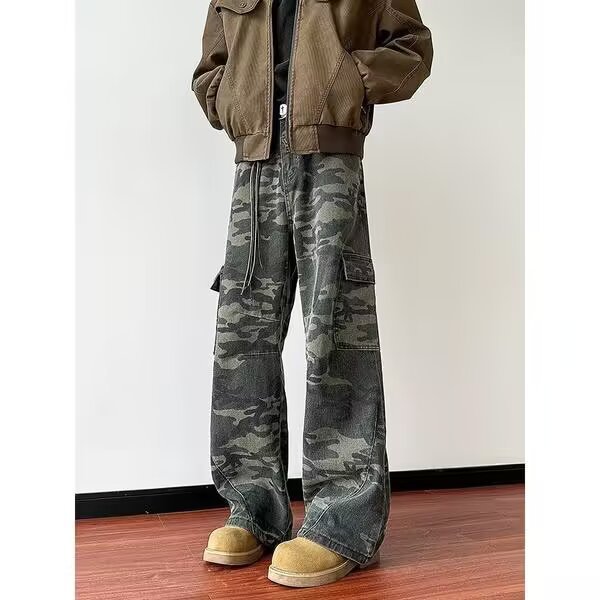 Vintage jeans de cintura alta de mujeres primavera y otoño diseño de camuflaje nicho pantalones largos rectos sueltos pantalones de piernas anchas