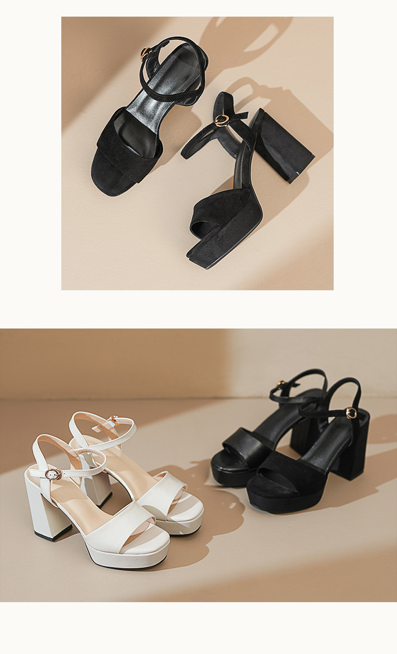 Sandal cao gót nữ hở mũi quai ngang khóa gót 9 cm — Da bò trắng gạo chi tiết 7