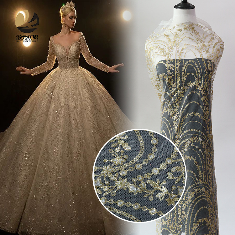 Fabricante directo vestido de boda impresión de oro tela de cadena de poliéster malla buena solidez vestido de noche tela de moda