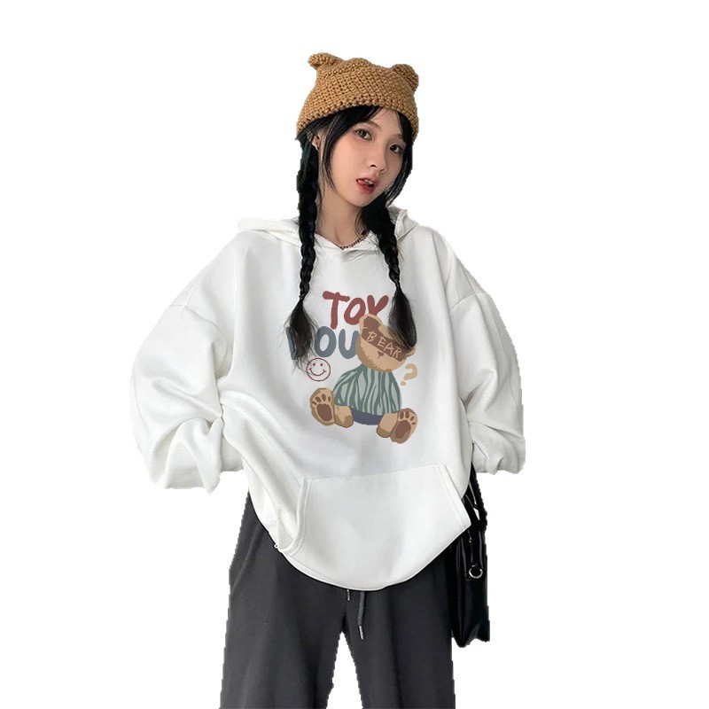 卡通小熊长袖帽衫白灰色连帽卫衣女2025新款早秋薄款潮流外套上衣|undefined