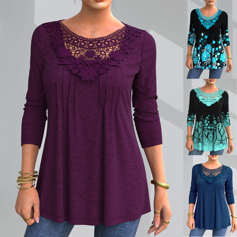 2021 European and American Cross-border New Arrival Women's Plus Size Long-sleeved Lace Autumn Loose Top T-shirt
