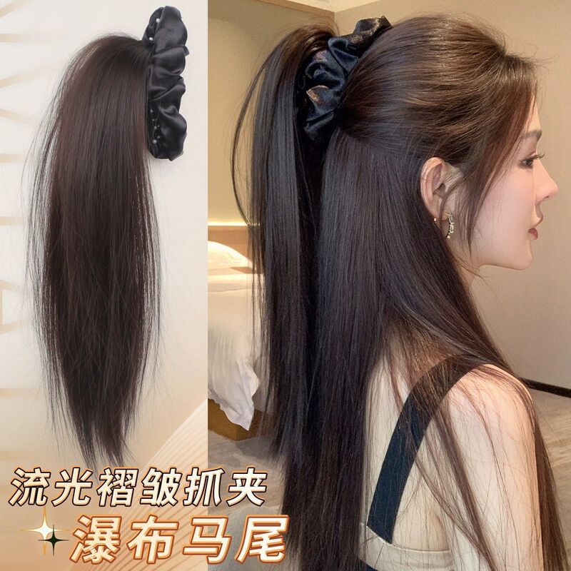 Pleated claw clip half-up high ponytail wig for women, fountain high crown seamless hair volume enhancer, long straight hair wig braid Pleated claw clip half-up high ponytail wig for women, fountain high crown seamless hair volume enhancer, long straight hair wig braid