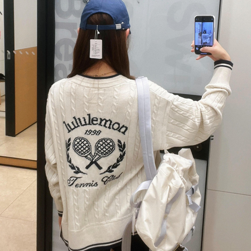 Lu New Classic Tennis Fashion Embroidered Letter Versatile V-Neck Loose Cable Knit Cardigan Sweater Jacket