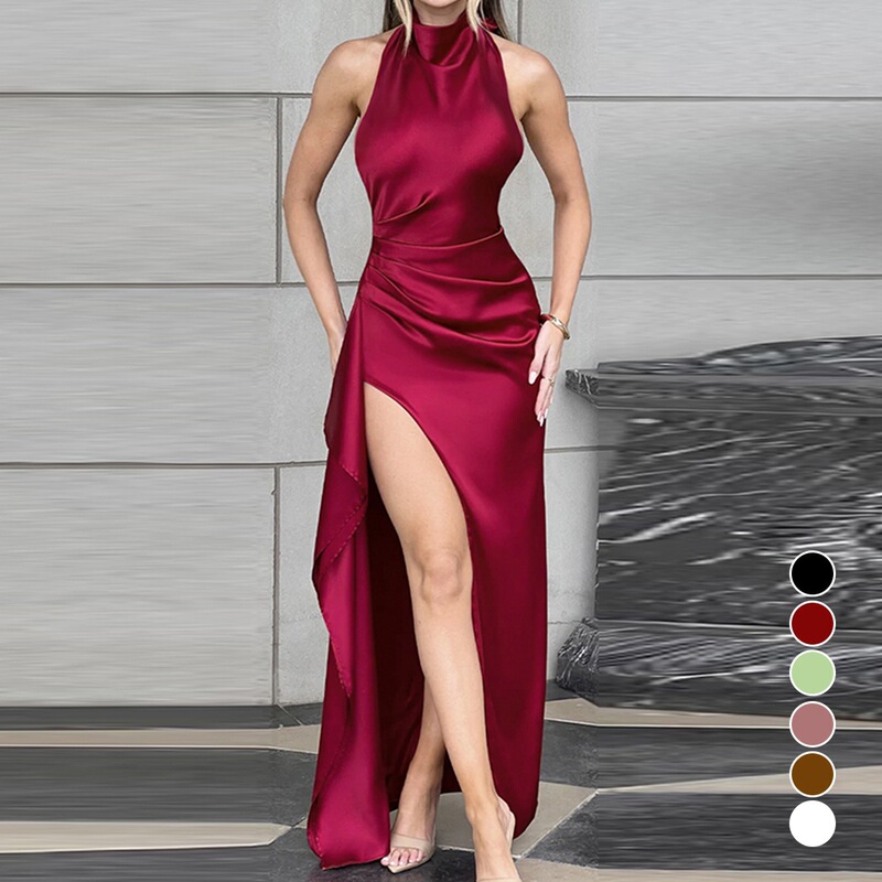 2026 cross-border new halter-neck high-neck dress, satin pleated bodycon long dress, sexy side-slit gown for women 2026 cross-border new halter-neck high-neck dress, satin pleated bodycon long dress, sexy side-slit gown for women