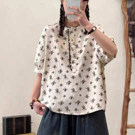 日系夏装小清新文艺范棉碎花衬衫女 短袖花边领印花百搭叠穿衬衣