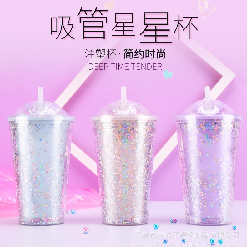 Estrella Glitter push cubierta taza de paja de plástico doble como rosa brillante taza de agua 450mL Navidad taza de muñeca creativa S taza