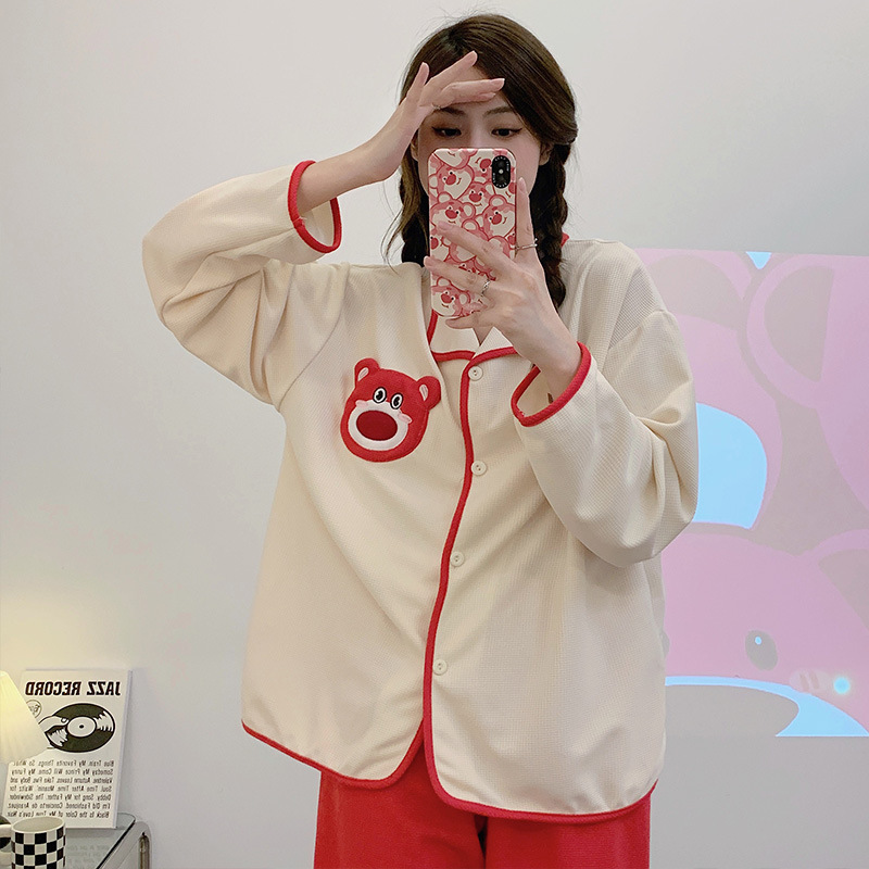 Internet Celebrity Bear pijamas mujeres waffle algodón Otoño e Invierno de manga larga pequeña solapa cardigan linda chica desgaste en casa traje