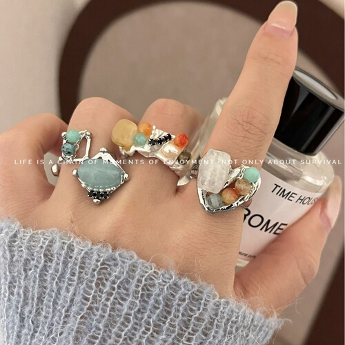 New Chinese-style handmade bead natural stone open overlay ring for women, Instagram versatile cool-colored ring