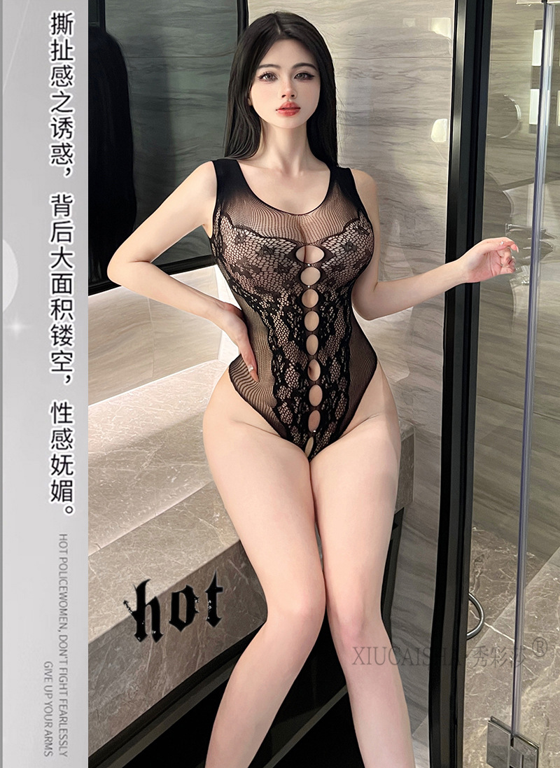 Tear-Resistant Black Mesh Bodystocking with Matching Fishnet Stockings, Plus Size — detail image 11