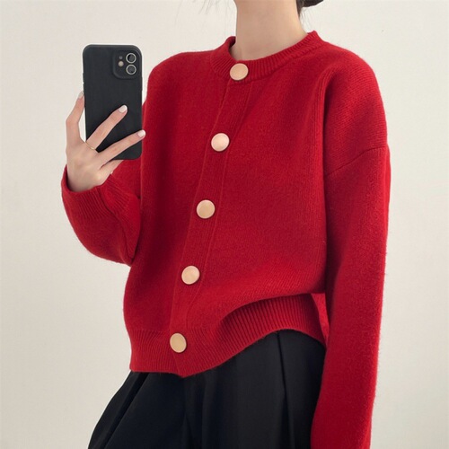 Women's Loose Crew Neck Knit Cardigan Sweater with Minimalist Design, 2025 Autumn/Winter Fashion, Casual and Relaxed Style, Solid Color Round Neck Top
