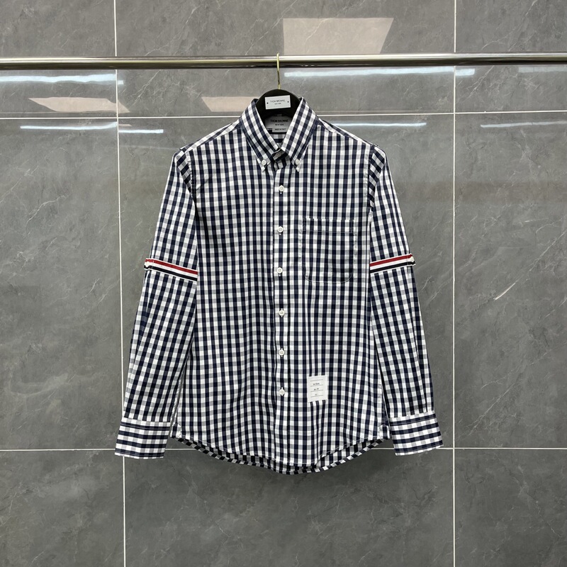 Factory Direct Trendy Tb Summer New Double-Sleeve Red, White, and Blue Plaid Contrast Color Turn-Down Collar Long-Sleeve Shirt Versatile