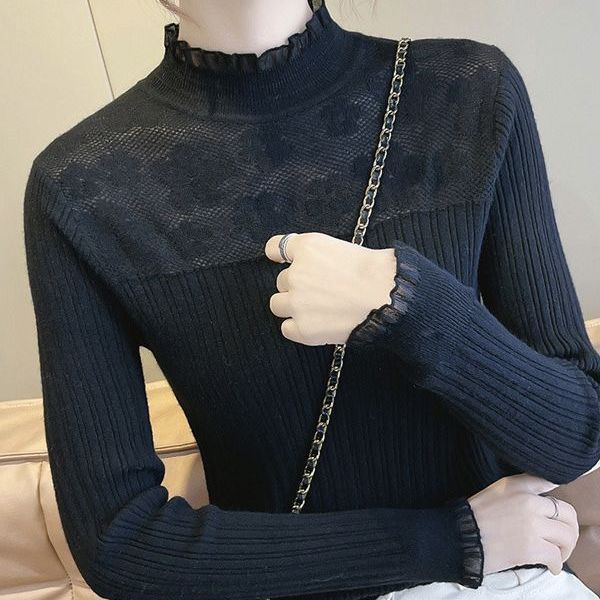 3 색 하프 하이 칼라 베이스 셔츠 가을 새로운 여성의 유행 모든 매치 긴팔 레이스 꽃 풀오버 스웨터