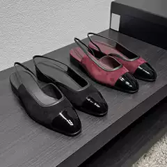 Chanel-Style Round Toe Two-Tone Slip-On Flats Slingback Sandals 2025 New Chunky Heel Closed Toe Side Cutout Mules