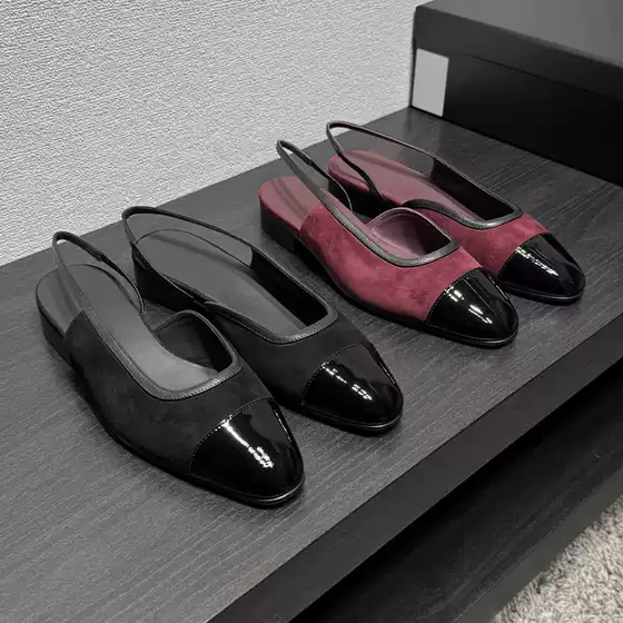 Chanel-Style Round Toe Two-Tone Slip-On Flats Slingback Sandals 2025 New Chunky Heel Closed Toe Side Cutout Mules