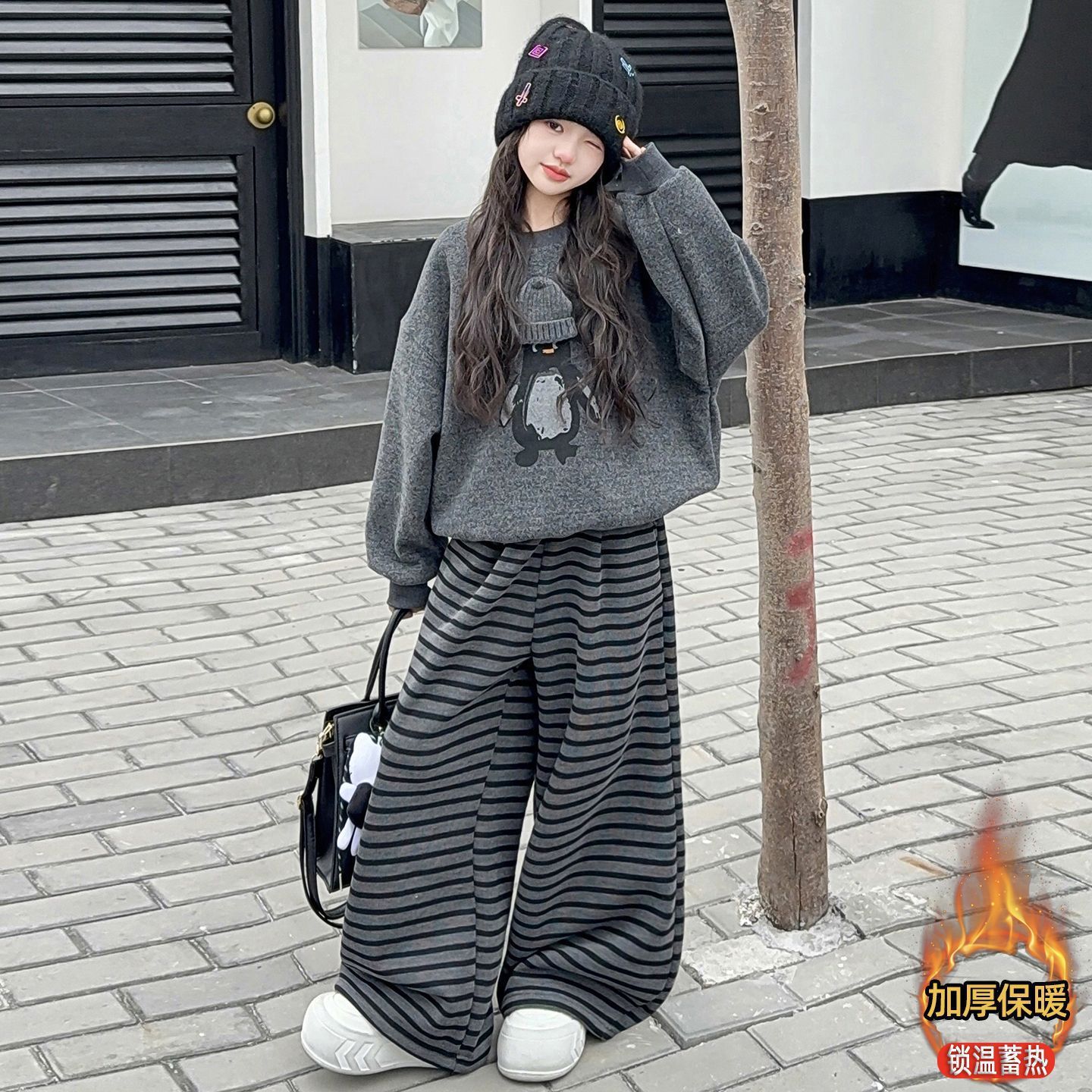 女童韩版条纹宽松套装中大童秋冬新款可爱小企鹅呆萌长袖两件套潮