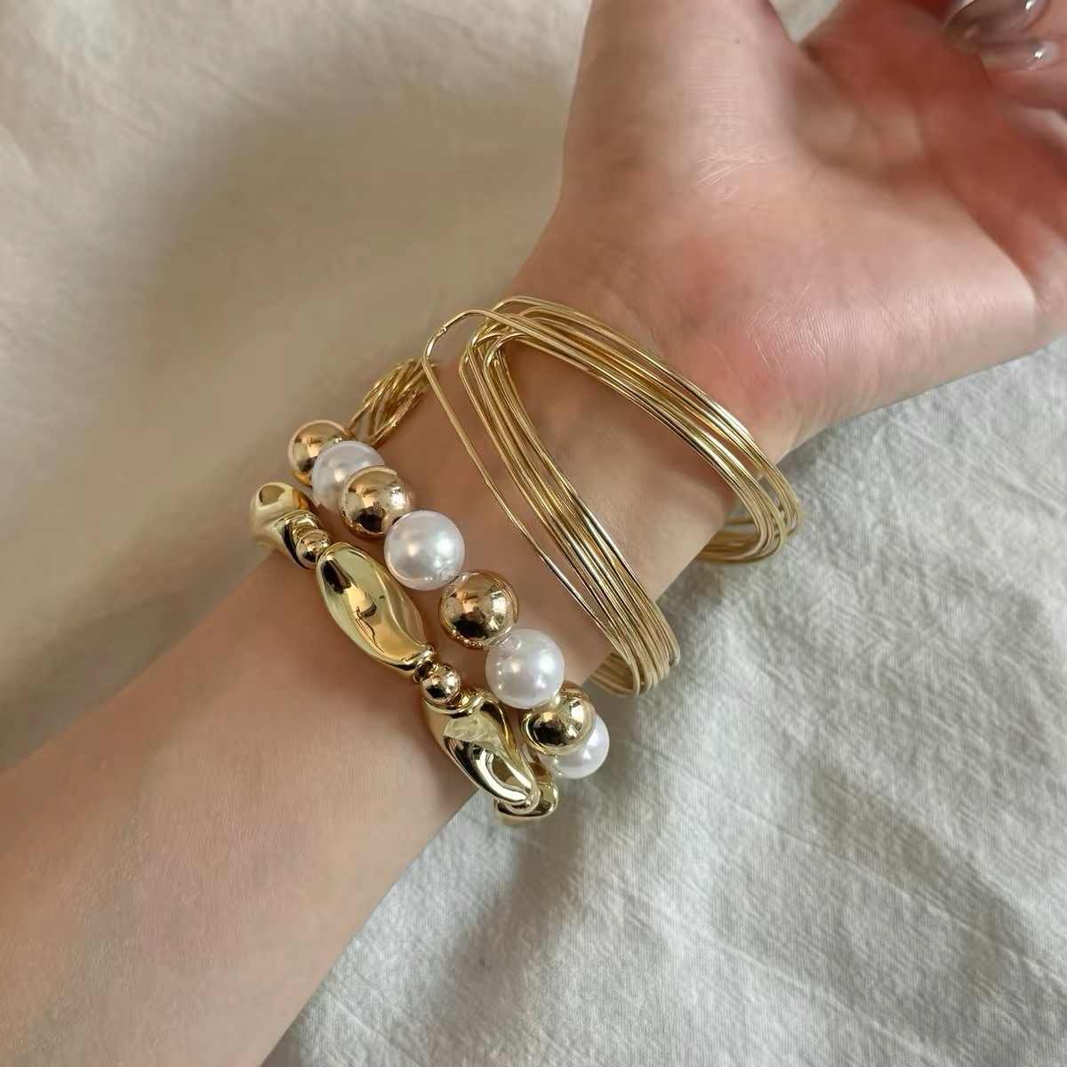 Golden set pearl, bracelet, 3 piece set, material
