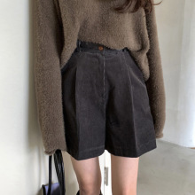 韩国chic秋季复古小众高腰百搭一粒扣压褶感宽松阔腿灯芯绒短裤女