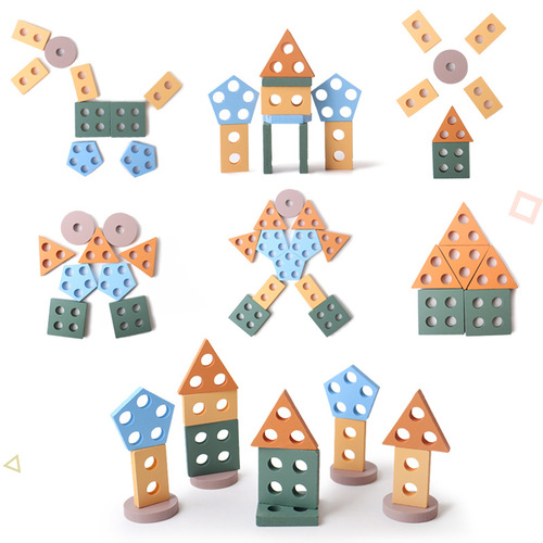 Children's early education educational toys wooden geometric shape matching five sets of column building blocks kindergarten Montessori teaching aids wholesale
