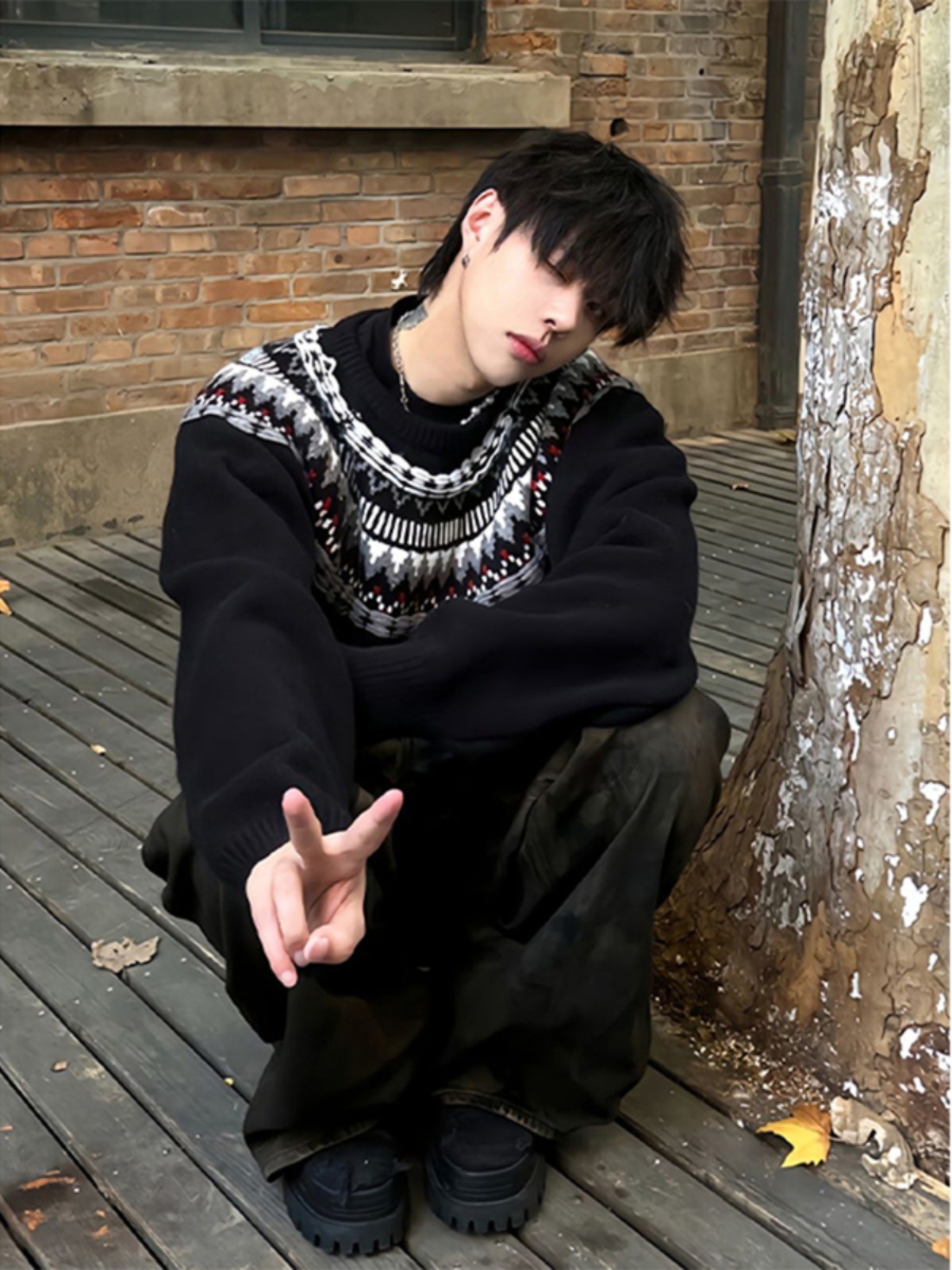 Fair Isle Crew Neck Knitwear Men's Winter Retro Lazy Style Jacquard Knitwear High-End American Couple Jacket