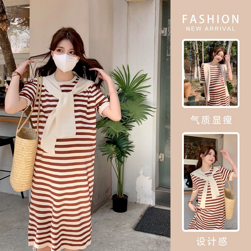 Платье для беременных, летняя одежда, Съемная шаль в иностранном стиле, футболка с короткими рукавами, юбка в полоску из ледяного шелка с разрезом